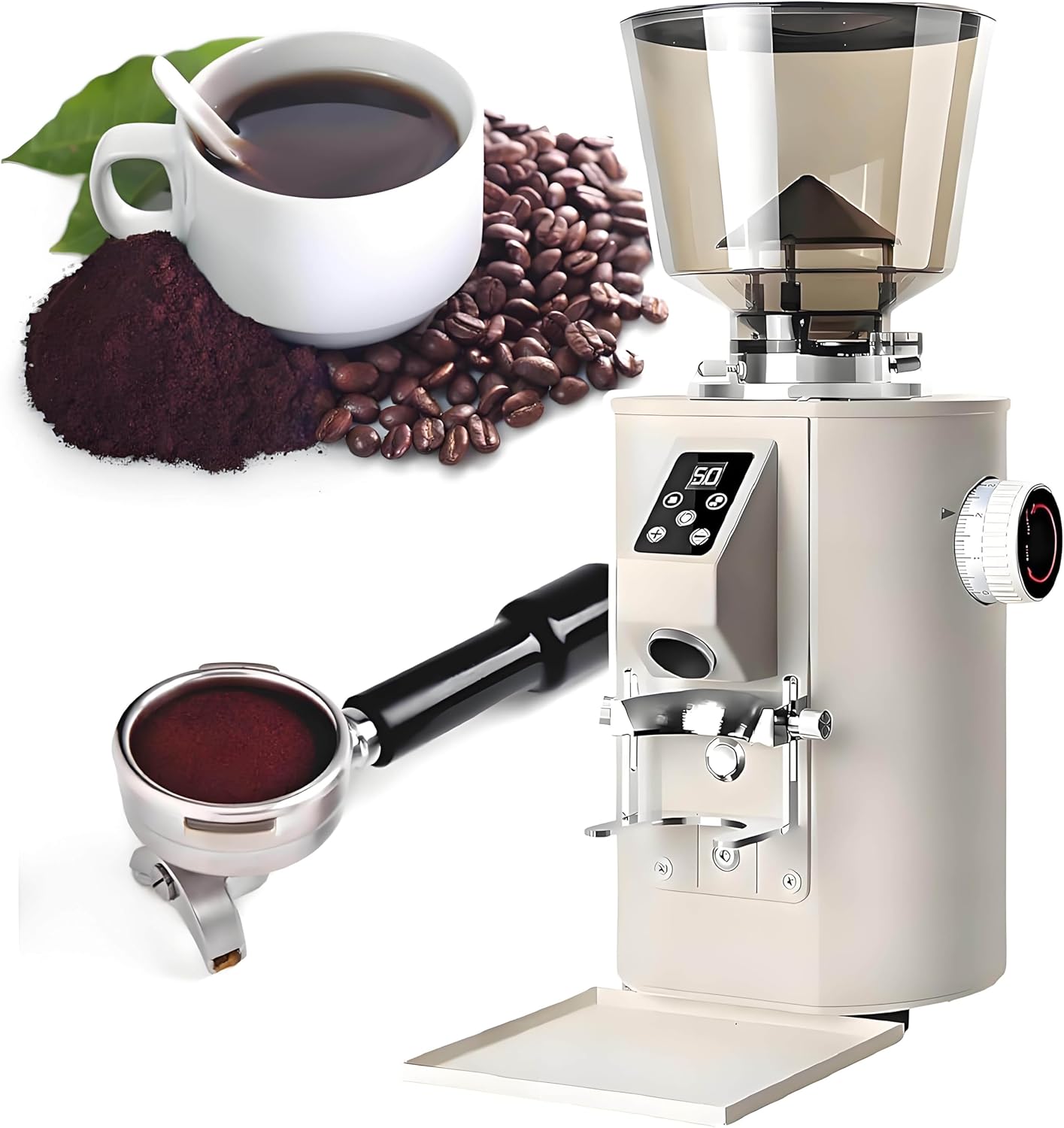 Commercial Coffee Flat Burr Grinder,9 Precise Settings,Dual Dosing Modes, LED Button Control Panel,64MM Flat Blade Grinding disc, for Espresso, Hand Punch, French Press Beige