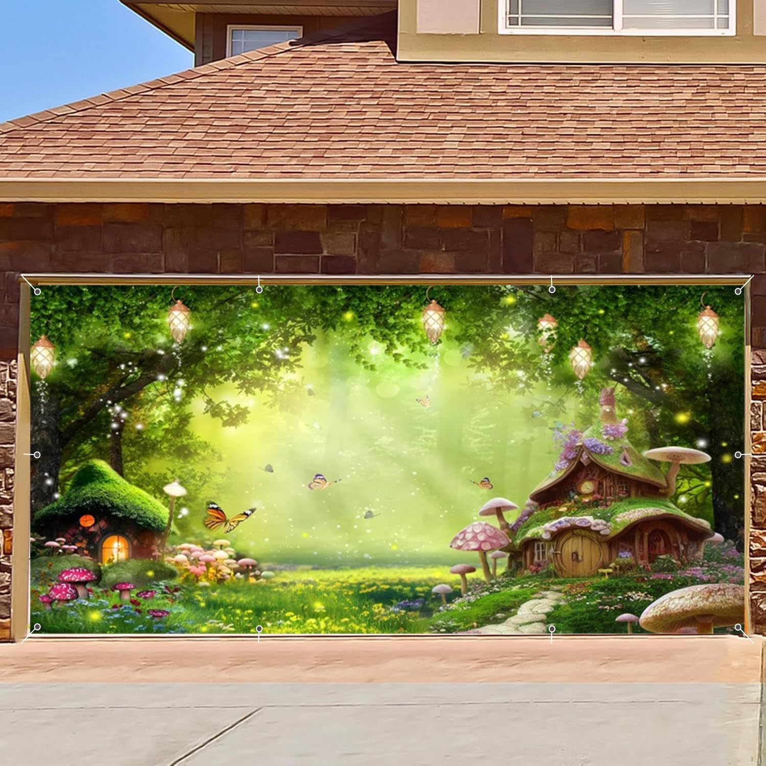 Large Enchanted Forest Garage Door Banner Decorations 7 x 16 ft Green Woodland Fantasy Magical Wonderland Mushroom Butterfly Garage Door Cover Birthday Party Baby Shower Banner Garage Door Backdrop
