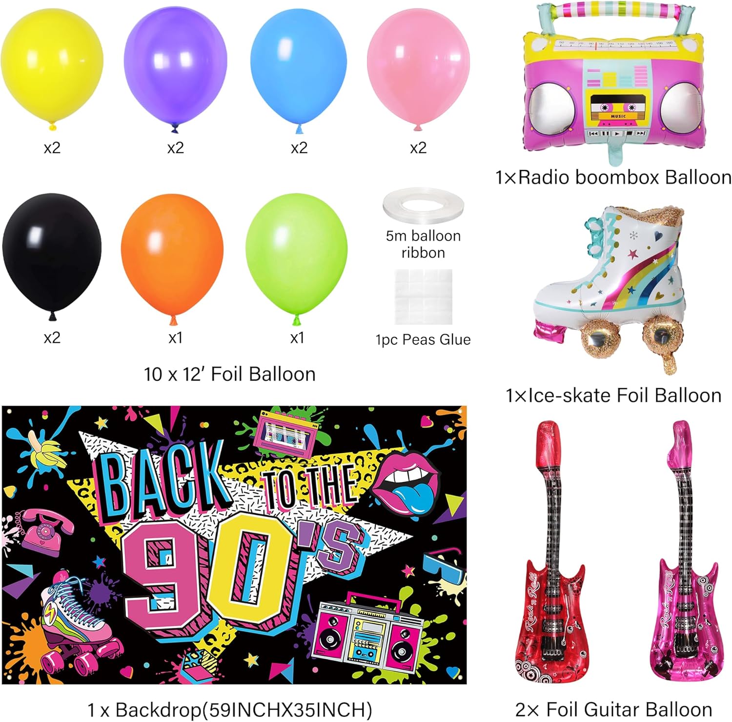 Holkcog 90s Party Decorations, 90’s Theme Birthday Party Decorations Supplies, 90’s Party Supply With Back To The 90s Banner Backdrop , Radio And Rock Guitar Ballons, 1990s Theme Birthday Decor women