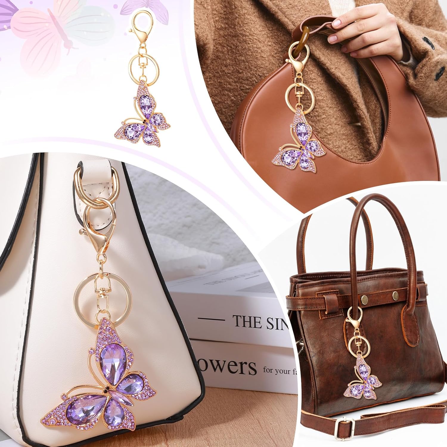 Ouligay Butterfly Purse Charm for Women Cute Key Chain with Diamond Butterfly Pendant, Lovely Charms for Handbags, Backpack Keychain Charm for Bag Accessories, Purple - Image 4