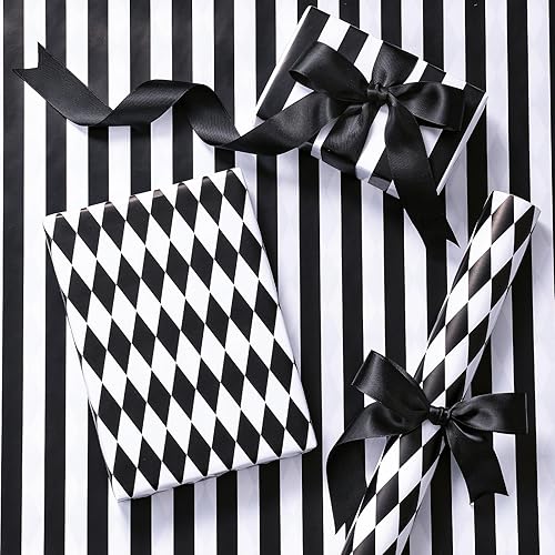 RUSPEPA Rollo de papel de regalo reversible, mini rollo, rayas blancas y negras y patrón de diamantes para regalo de cumpleaños, bodas,