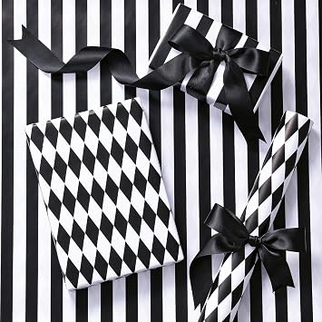 RUSPEPA Reversible Wrapping Paper Roll, Mini Roll, Black and White Stripes and Diamond Pattern Gift Wrap for Birthday, Wedding, Graduation, Christmas, Fathers Day, New Year, 17 Inches x 16.4 Feet