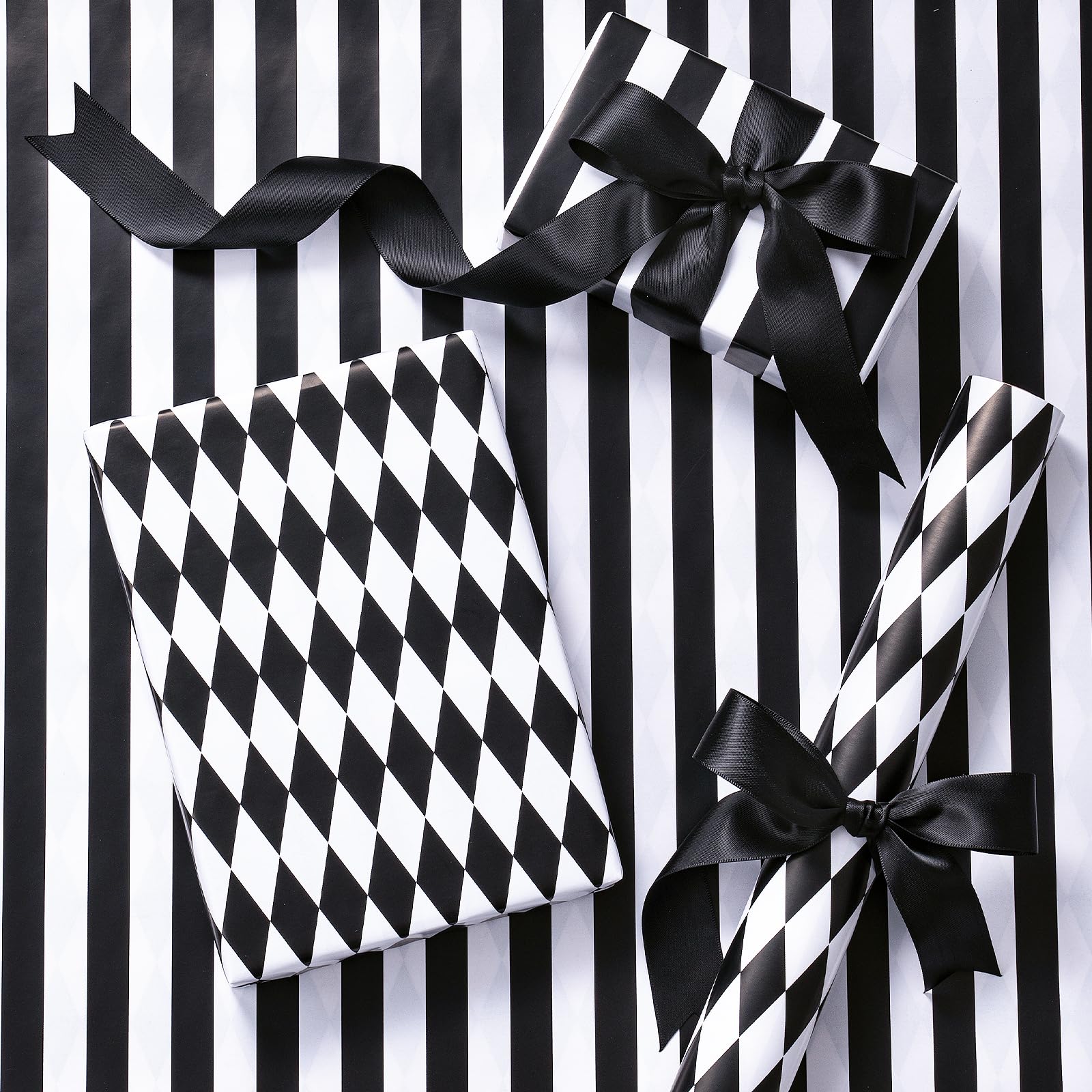 RUSPEPA Mini Reversible Wrapping Paper - Black & White Stripes/Diamond Pattern, 43.2cm x 5m - Great for Birthday, Wedding, Graduation, Christmas, Father’s Day, New Year — image 1