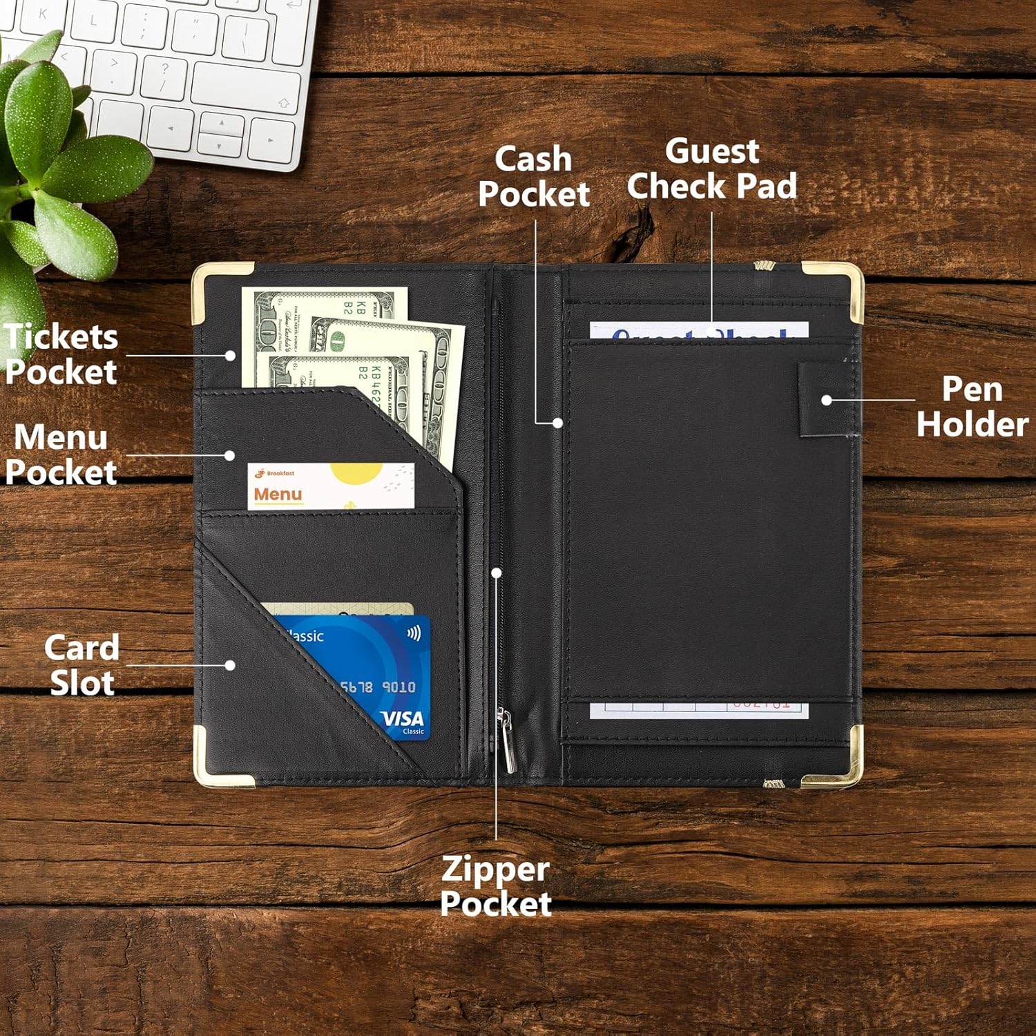 2Pcs Server Books for Waitress with Zipper Pocket, Leather Server Book with Elastic Rope and Protective Corner Fits Server Apron，Serving Book，Black