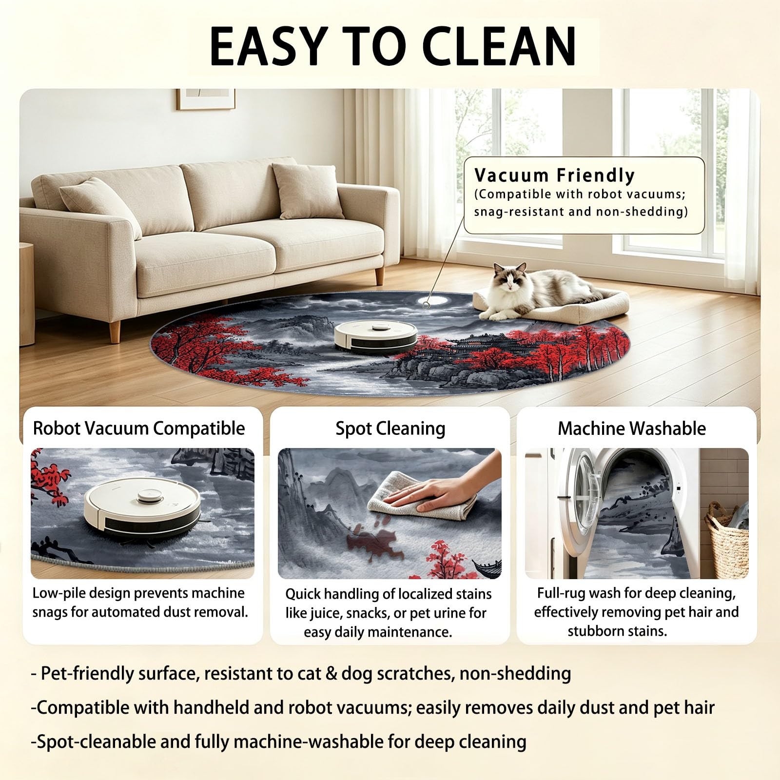 Tapis Rond 100 cm Lavable Machine, Moquette Antidérapante Poil Bas Doux, Rétro Lune Rivière Montagnes Tapis pour Salon Chambre Salle à Manger Nursery Dortoir Enfants, Gris