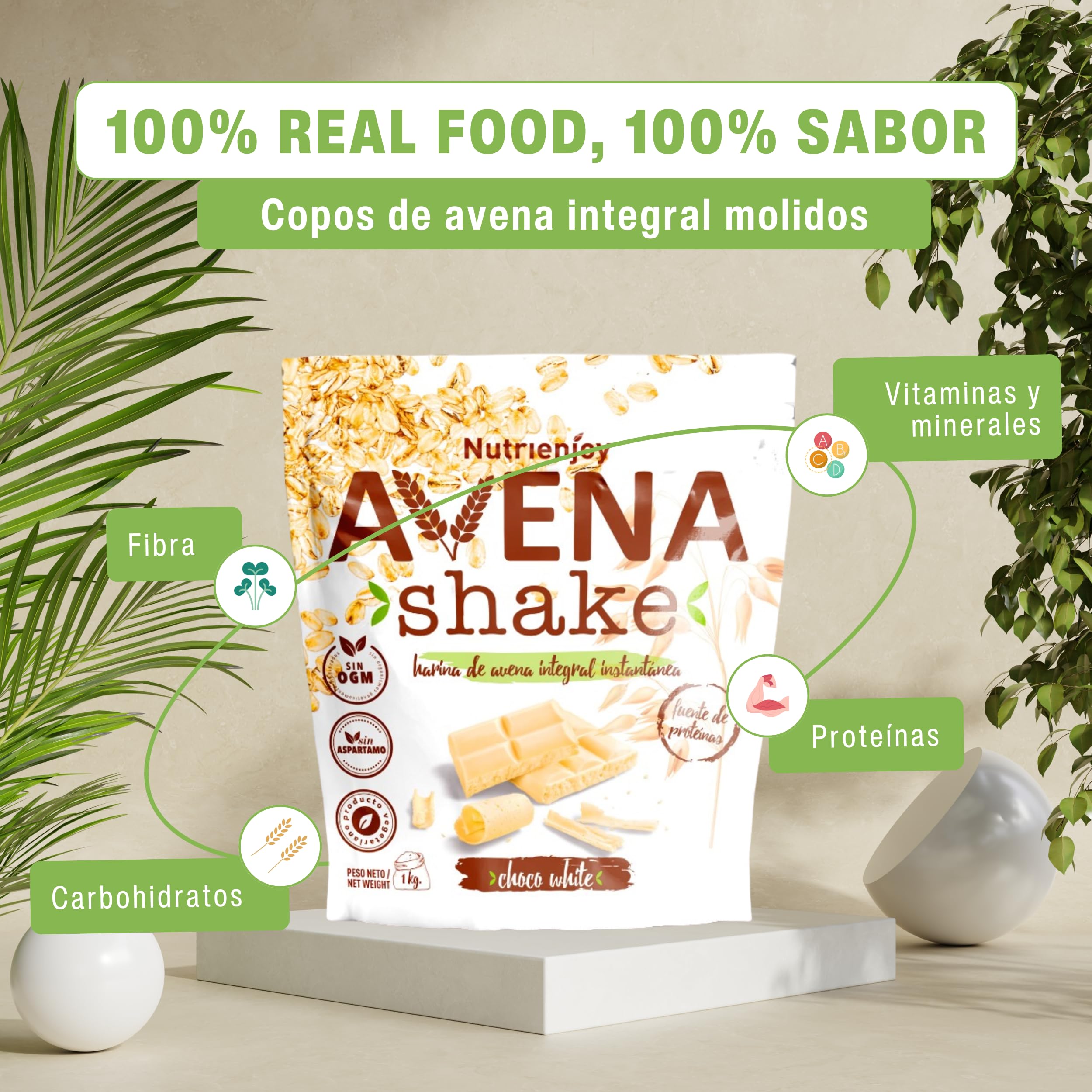 NutriEnjoy - Avena Shake 1Kg | Copos de Avena Integral Molidos | Harina de Avena Sabores | Avena en Polvo | Harina de Avena Integral | Avena Instantánea Sabores Deliciosos (Chocolate Blanco) - 2