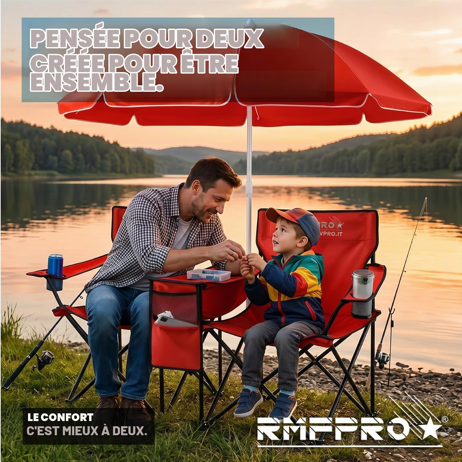 Set avec Parasol et 2 Chaises d'Extérieur idéal pour la Mer ou Le Camping, avec Glacière Centrale et Porte-Boissons - Idéal Aussi pour la Pêche, Structure en Acier avec Housse Transport Rouge