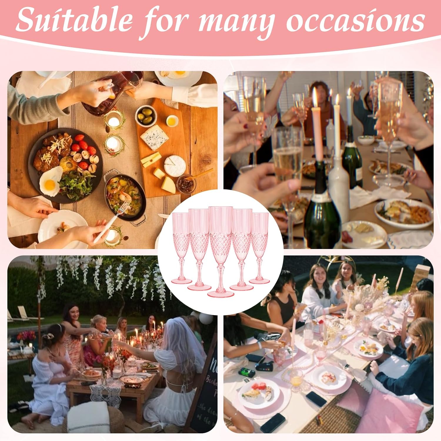Pesonlook 24 Pack Plastic Champagne Glasses Pink Reusable Diamond Crystal Clear Wine Cups Reusable Unbreakable Wine Glasses Goblets for Wedding Reception, Grand Event Party Supplies