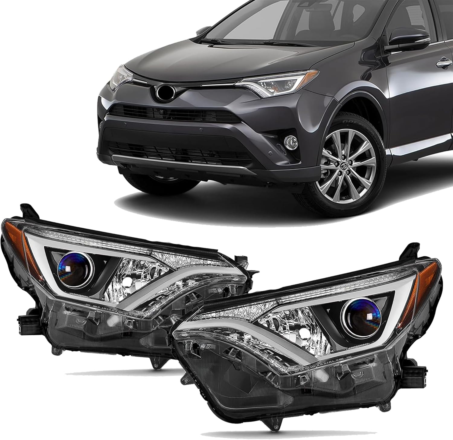 Pair Halogen Headlight W/LED Left And Right Headlamp Black Housing W/o Bulb For 2016 2017 2018 Toyota RAV4 81150-0R080 81110-0R080