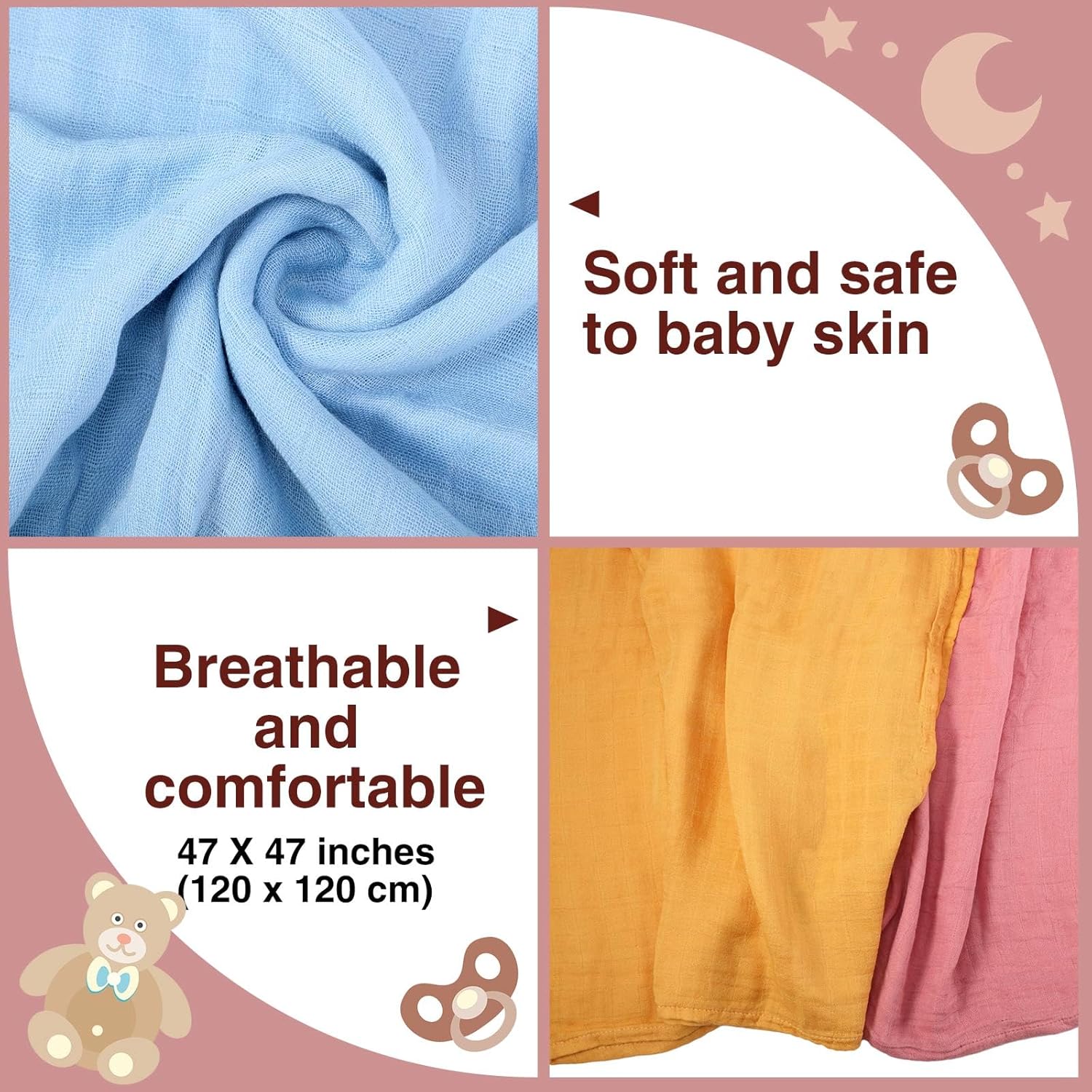 47 x 47 Inches Muslin Swaddle Blankets Cotton Newborn Receiving Blankets Breathable Colorful Baby Swaddle Soft Baby Registry Essentials Gift for Unisex Boy Girl(Classic Colors) - Image 2