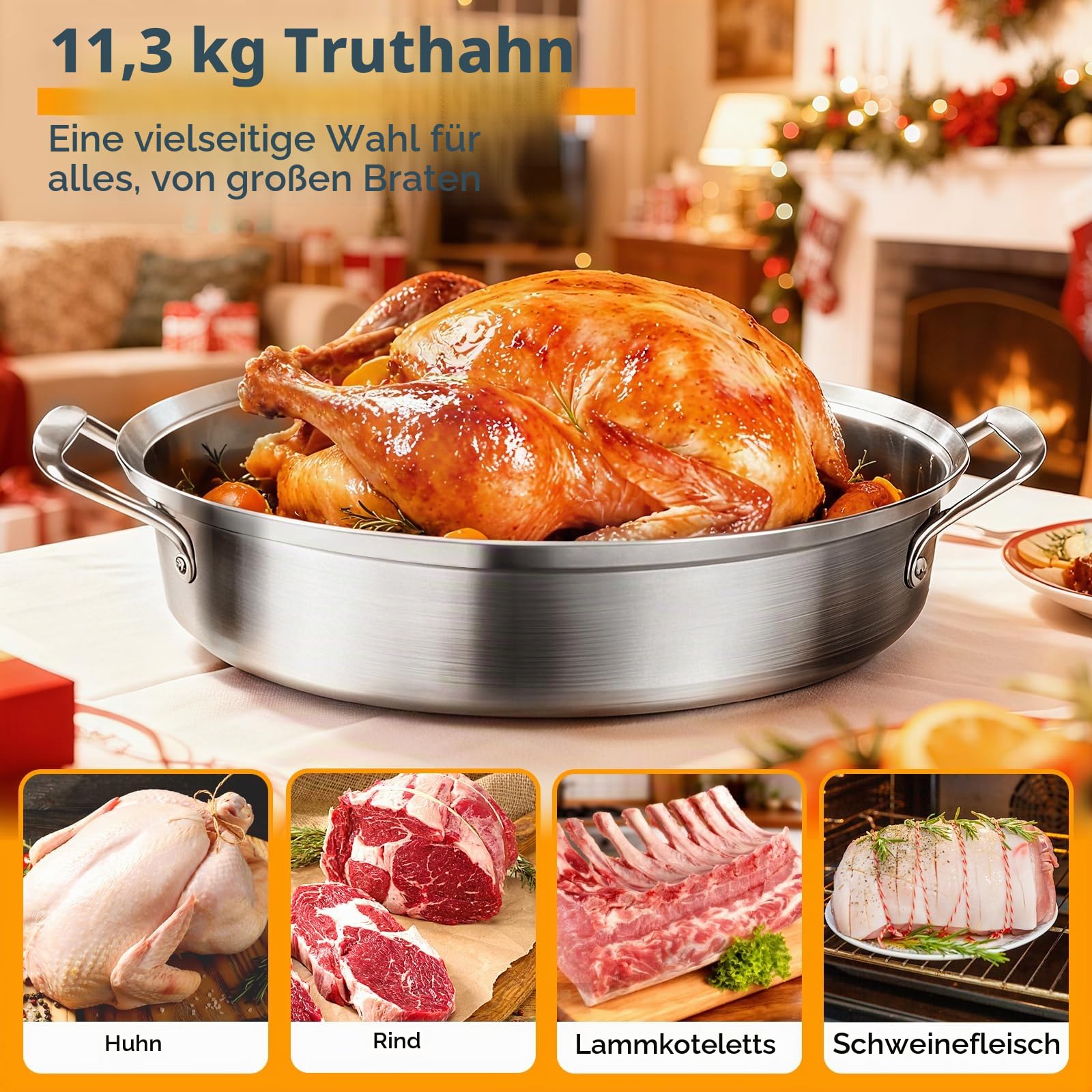 Großer Bräter mit Rost und Deckel, Geschenke für Mutter, Frauen, Ehefrau, Edelstahl, großer ovaler Bräter, antihaftbeschichtet, Ofen-Kochgeschirr für Truthahn, Huhn, 53,3 cm