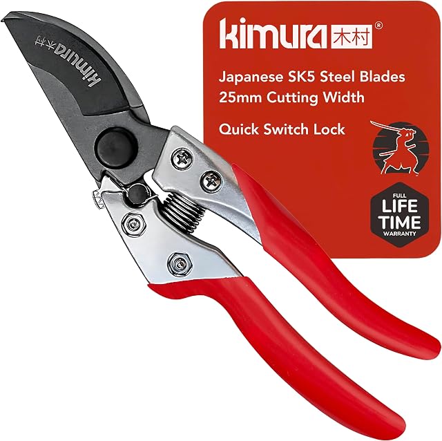 Kimura® 8" Pro Perruquement de taille, Japonais de poids lourds SK5 Lames d'acier, 1 Capacité de coupe de pouce, non glissante PVC Poignées enduites, légèreté & Ergonomie, Pruners japonais, Clippers professionnels de jardin