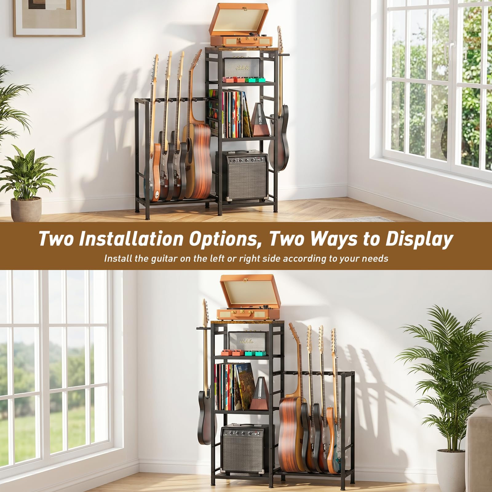 ikkle Soporte para múltiples guitarras con compartimentos de almacenamiento | Soporte de guitarra con soporte para discos, tocadiscos y amplificador, almacenamiento de guitarra para estudio en casa