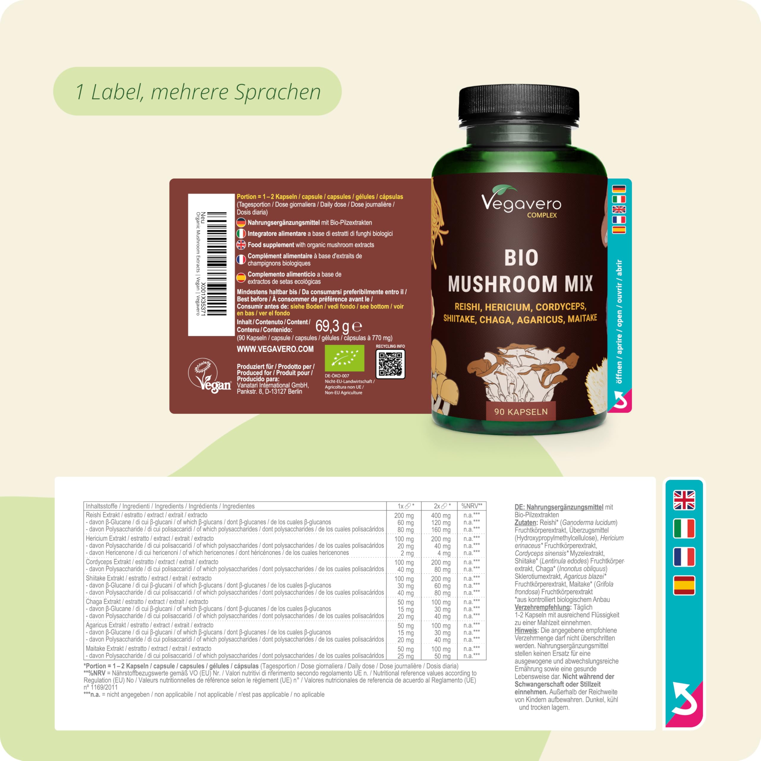 Vegavero Bio Pilz Komplex Hochdosiert - 90 vegane Kapseln - 1300 mg 7 Vitalpilze Extrakte - Reishi Lions Mane Cordyceps Chaga Shiitake Maitake Agaricus - 490 mg Polysaccharide & Beta-Glucane