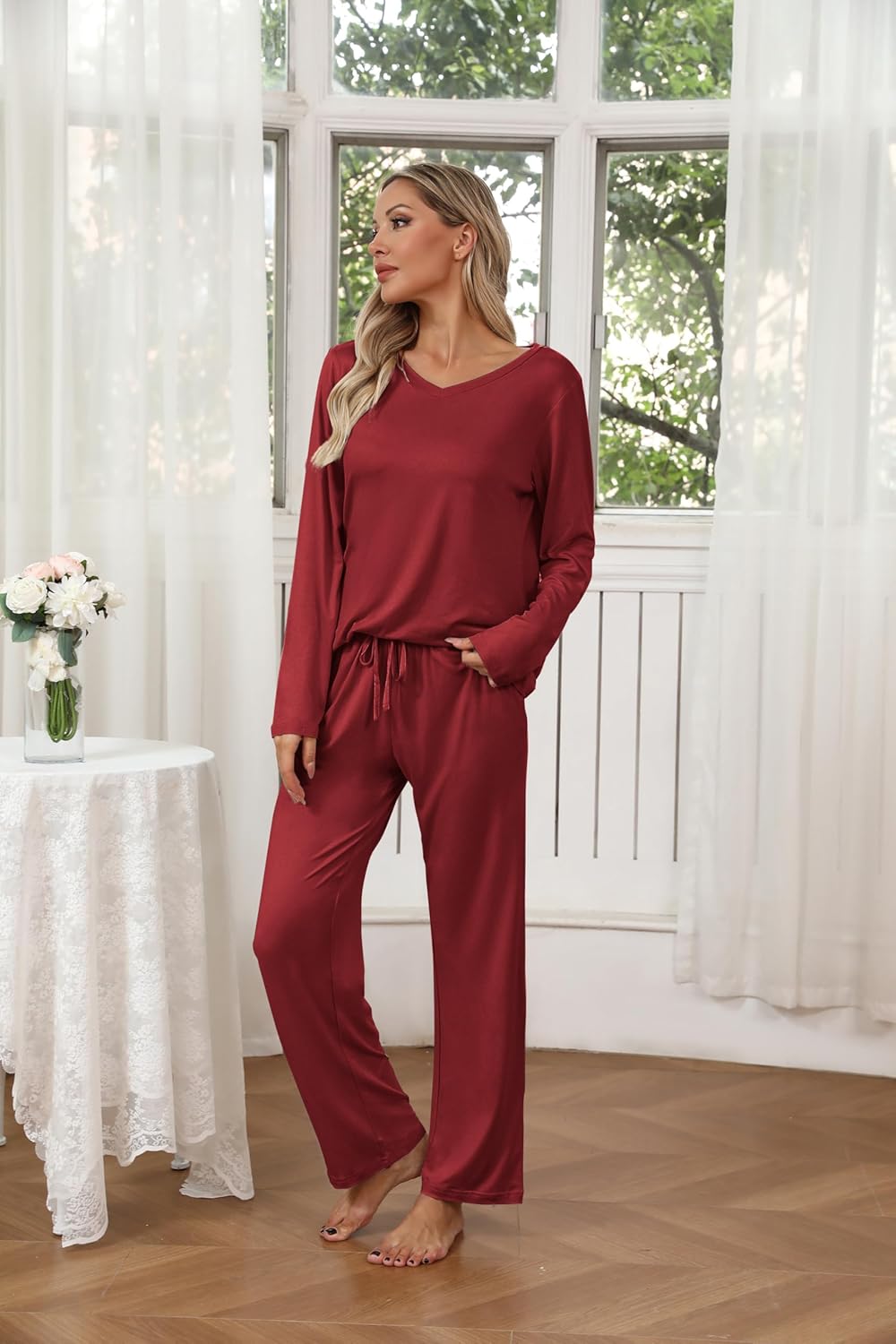Ekouaer Womens 2 Pack Pajama Set Short & Long Sleeve Pajamas Top and Pants V Neck Pjs Set Soft Loungewear with Pockets - Image 3