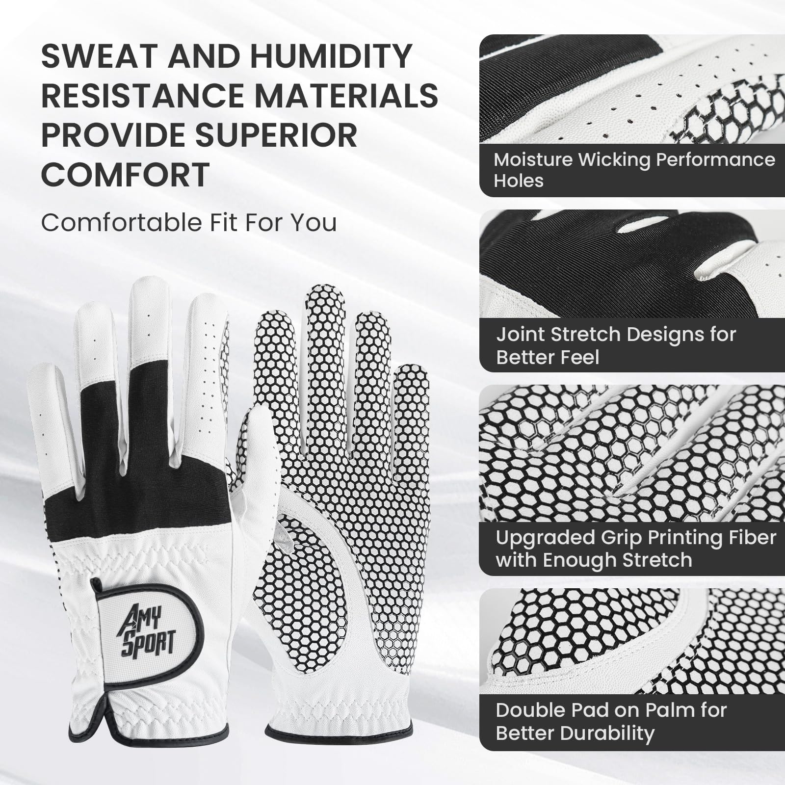 Amy Sport Golf Gloves Men Rain Grip Weathersof Hot Wet All Weather Leather Glove 1/2 Pack, Right Handed Golfer Left Hand Comfortable, Fit Size Small Medium Large XL (White/Black-2 Pack, Large, Left)