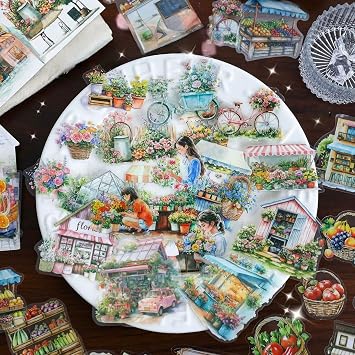 120PCS Fruit Bread Flower Shop Scrapbook Stickers Kit Food Shop PET Transparent Waterproof Stickers Set for Junk Journal Journaling Water Bottles Phone Laptop Decals Pack for Teens Girls Kids Adults