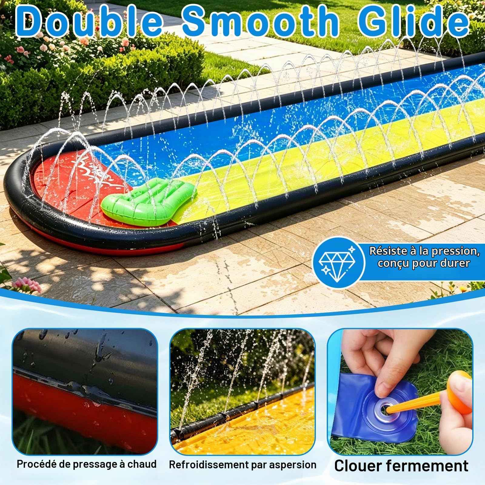 Jeux Piscine, Piscine Enfant, 2 Bodyboards, Aquaplay, Toboggan Gonflable, Ventre Glisse, Tapis Glisse Eau, Jouets d'été, Jouets Aquatiques d'extérieur, été (Jaune-Bleu 3, 468 cm)