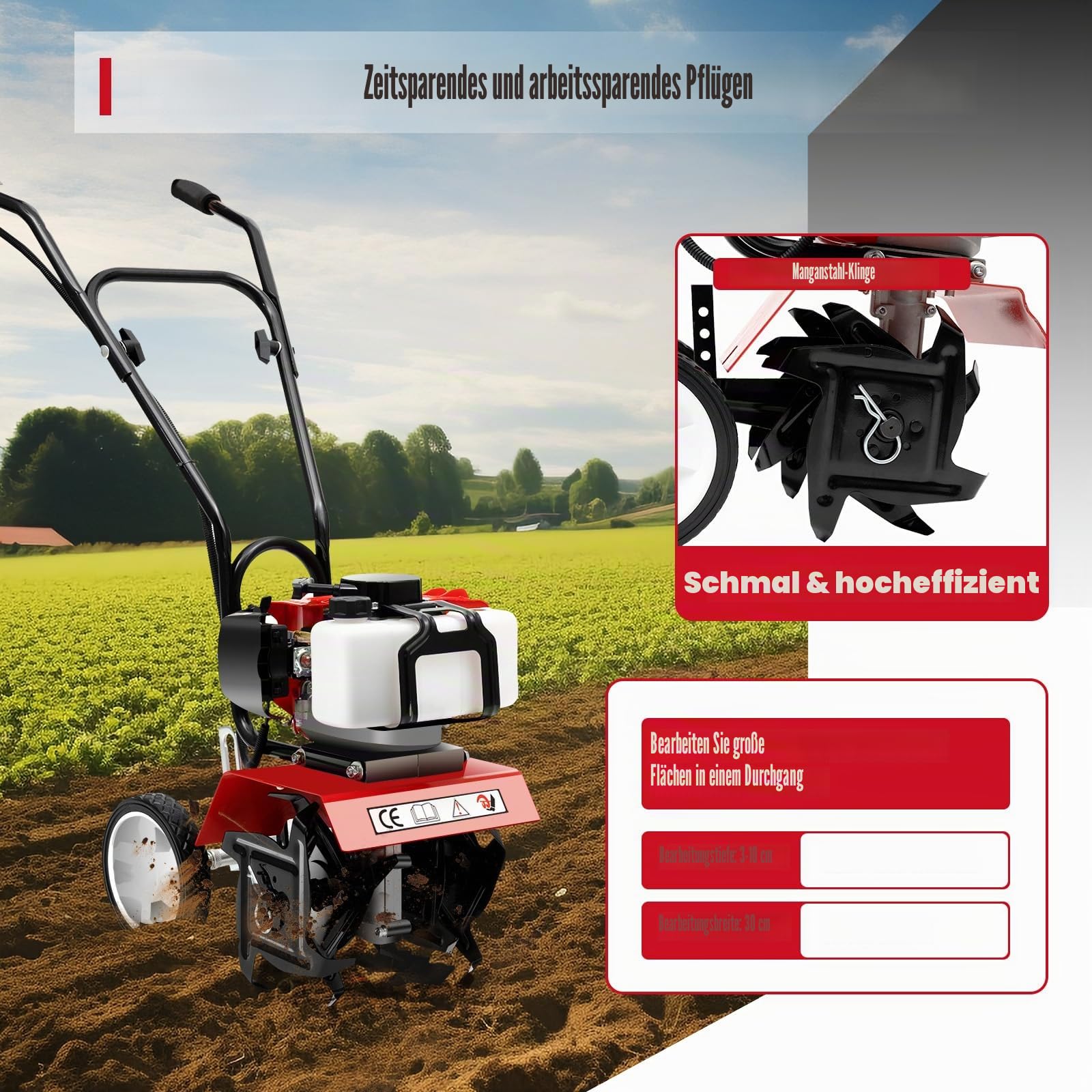 52CC 2-Takt Gartenfräse Motorhacke, 1900W Gartenfräse Benzin Kultivator Bodenhacke Bodenfräse Fräse, Benzin-Bodenbearbeitungsmaschine Motorhacke Radantrieb Ackerfräse Bodenfräse Kultivator