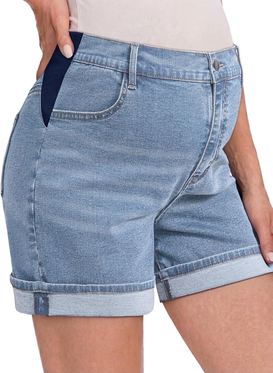 BLENCOT Women's Maternity Jean Shorts Fold Hem Stretchy Comfy Under Belly Casual Summer Pregnancy Clothes with Pockets