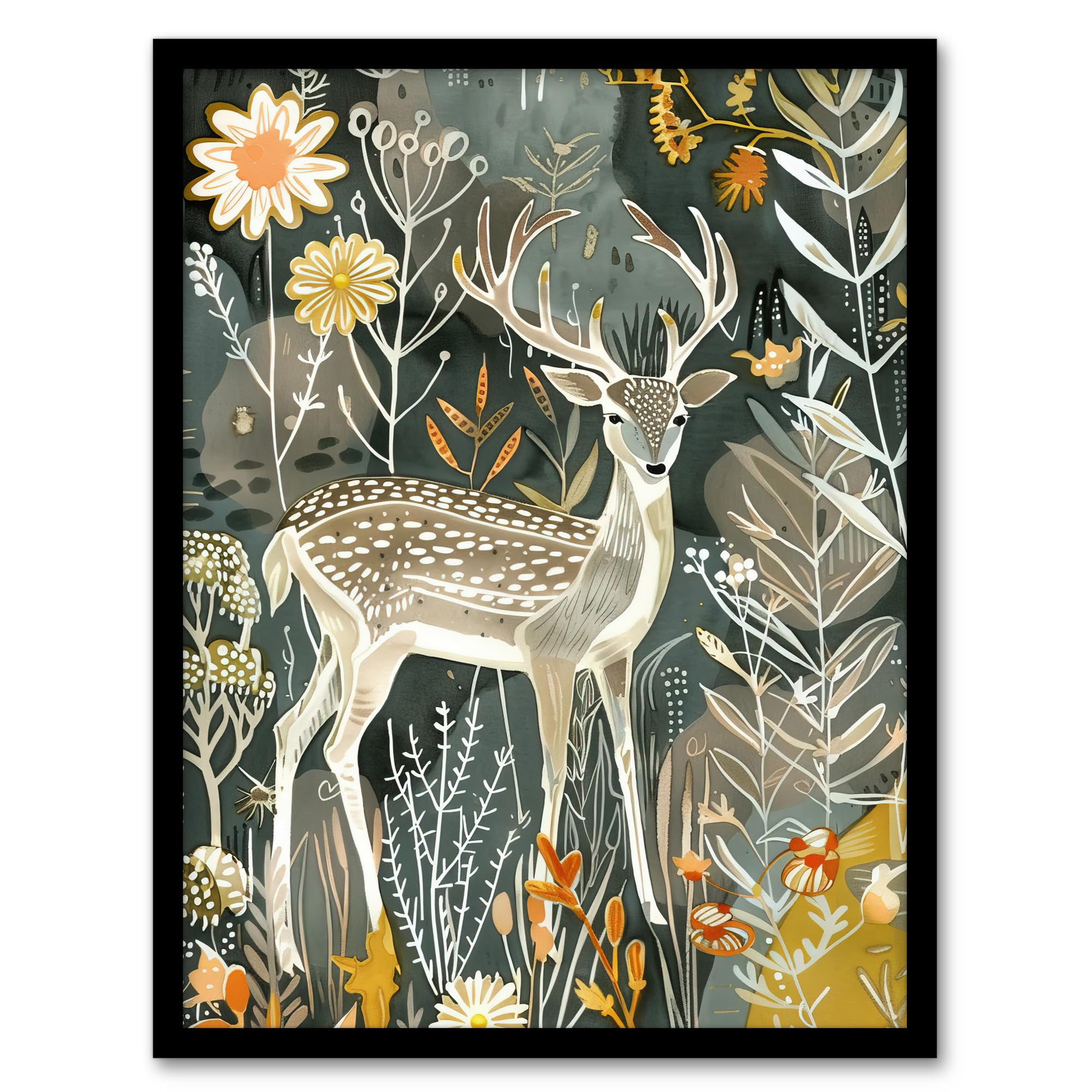 Artery8 Deer In Autumn Forest Wildflowers Animal Folk Art Wall Art PrintA4 Size from B&Q