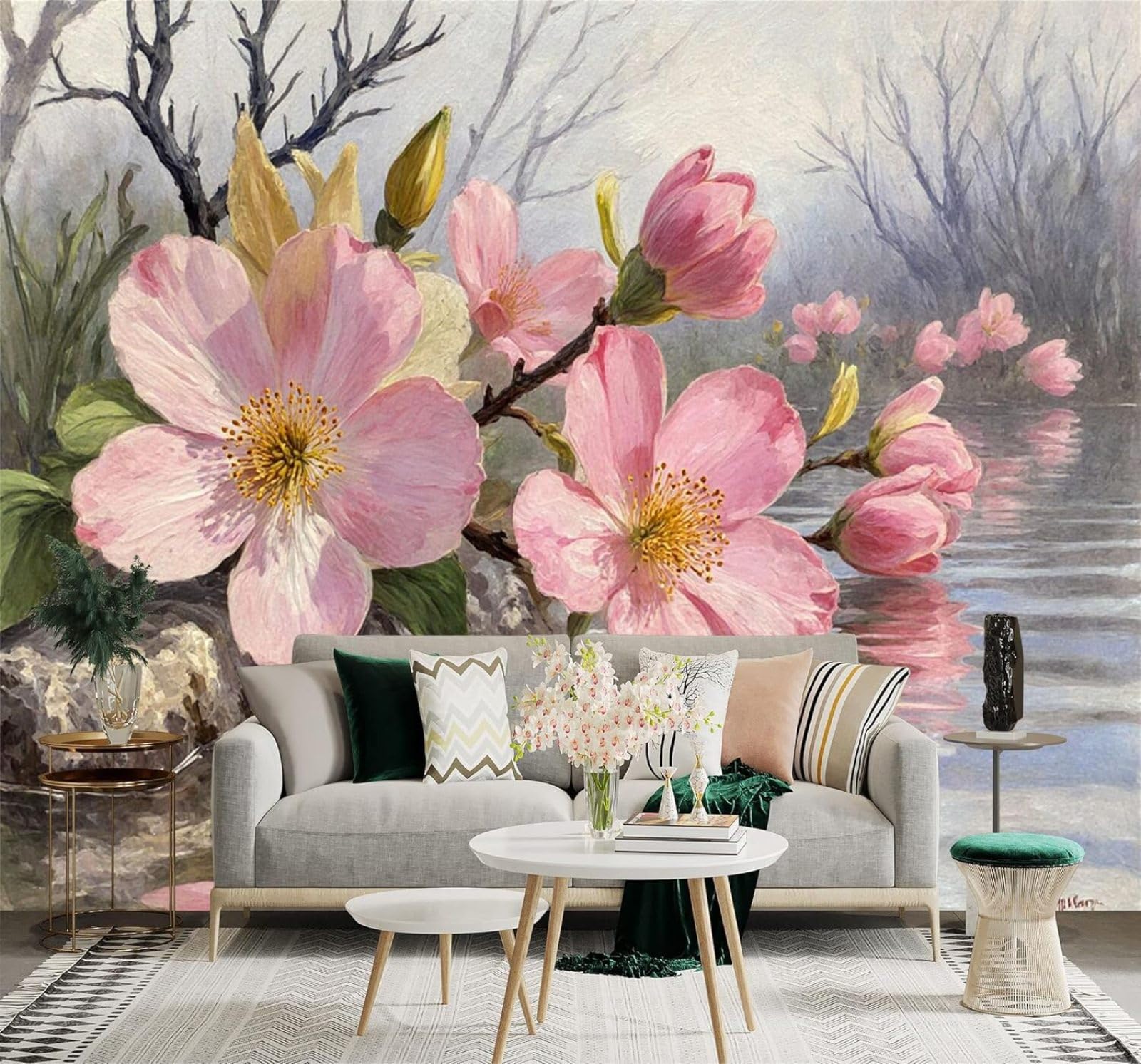 XLMING Pink Cherry Blossoms Reflection On Water Spring Natural Landscape 3D Wallpaper Silky Texture Home Study Office Grey Dining Room Sofa Bedroom Living Room TV Backdrop-250cm×170cm