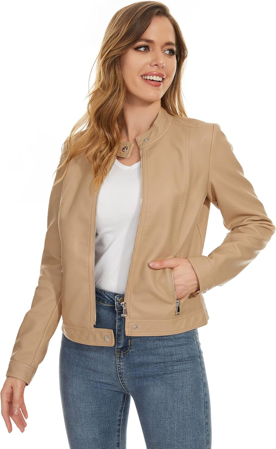 Fahsyee Zip Leather Jackets for Women Motorcycle Faux PU Moto Biker Outwear Coat - Image 2