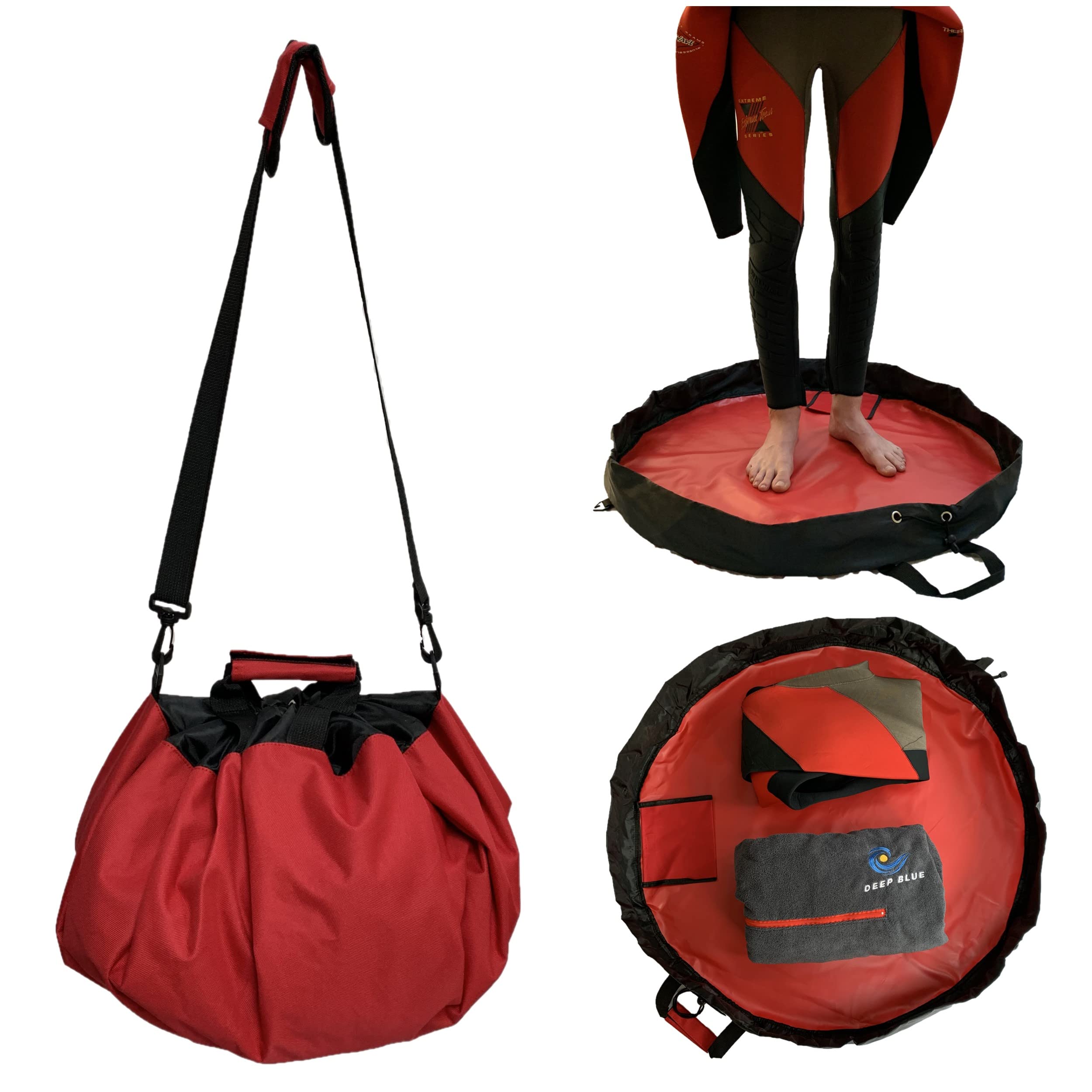 FIT 4 MEDeep Blue wetsuit changing mat bag RED Velcro wrap handles, padded shoulder strap, drawstring, pocket, durable waterproof. Ideal for water sports Surfing Wild Swimming SUP Kayaking Triathlon