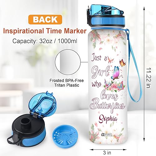 Vista 6 de Hyturtle Botella de agua motivacional personalizada con texto en inglés "Just A Girl Who Loves Butterflies", botella de agua motivacional