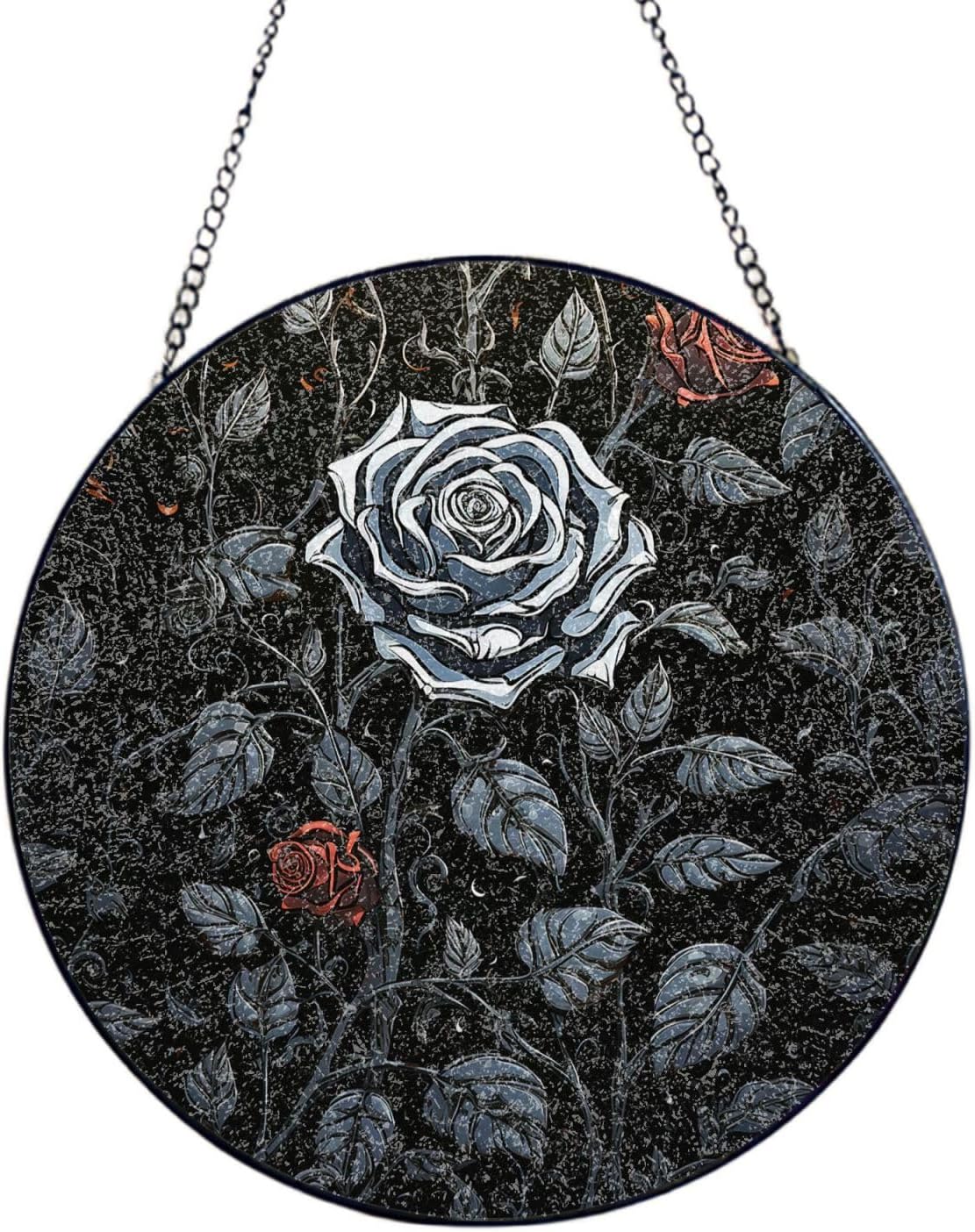 Stained Glass Window Hanging 6in（15cm）, Rose Gothic Glass Suncatcher for Home Decor, Indoor Wall Art Glass Panel with Metal Chain and Hooks, Sun Catcher Ornament Birthday Gifts