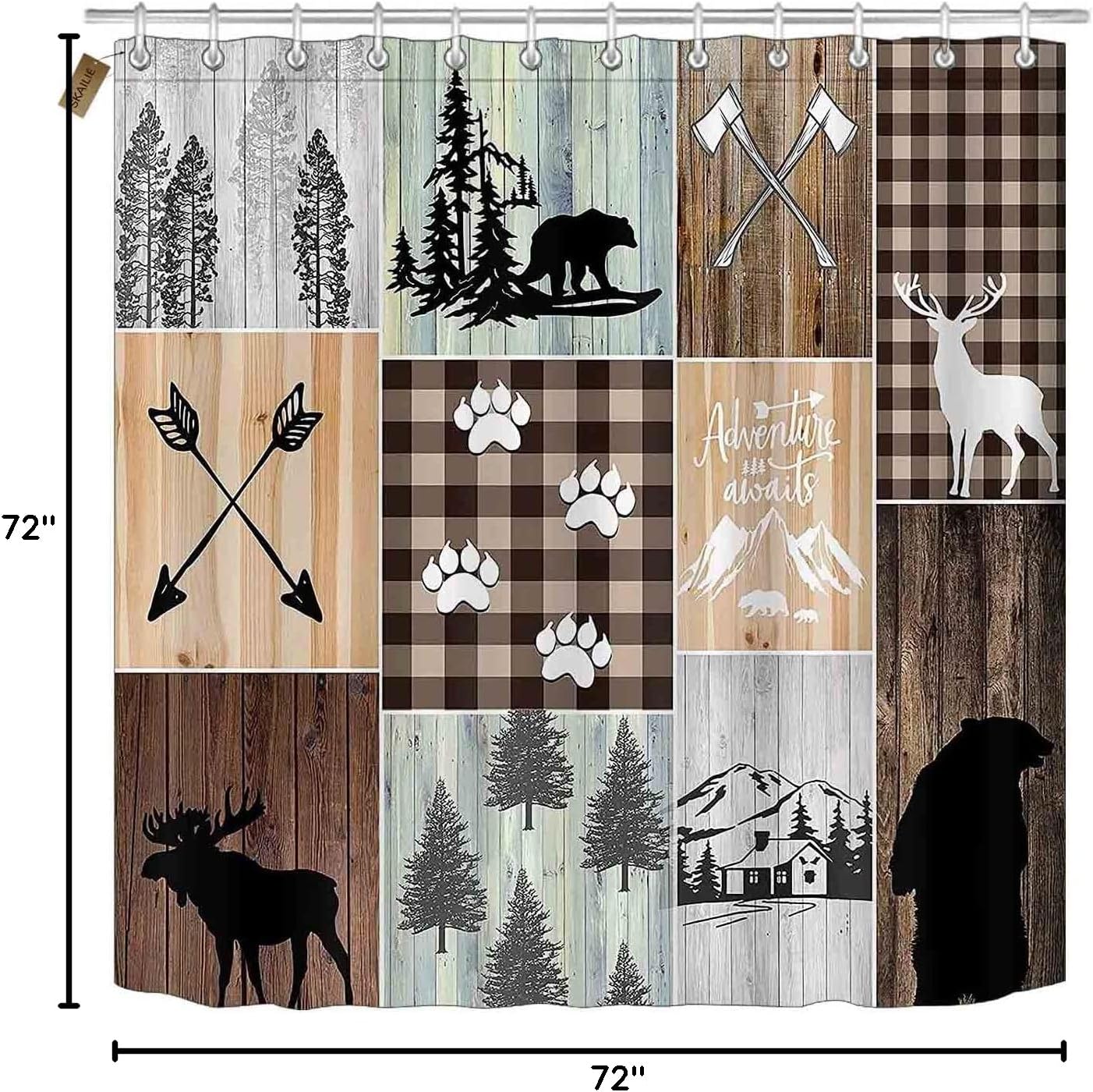 4PCS Cabin Shower Curtain Set, Black Bear Moose Deer Elk Forest Woodland Animal Wildlife Hunting Lodge Patchwork Brown Buffalo Plaid Country Rustic Farmhouse Bathroom Decor, Non-Slip Bath Mat