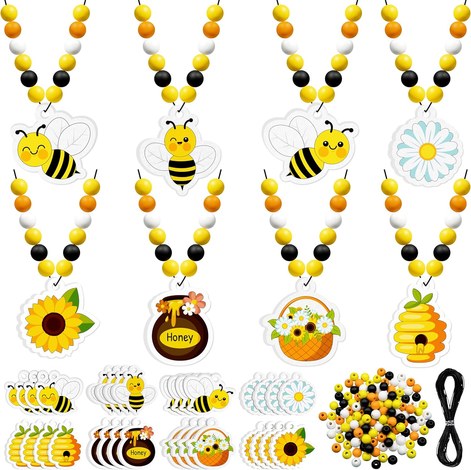 32Pcs Bee Beads Crafts Kit Bulk, DIY Bees Themed Honey Wooden Necklace Making Supplies for Birthday Party Decor Gifts