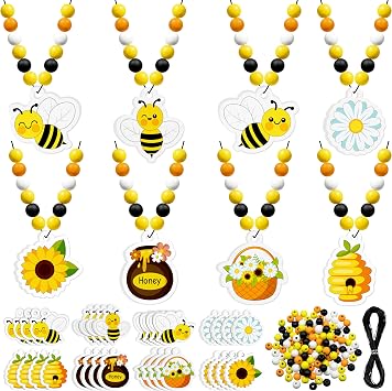 32Pcs Bee Beads Crafts Kit Bulk, DIY Bees Themed Honey Wooden Necklace Making Supplies for Birthday Party Decor Gifts