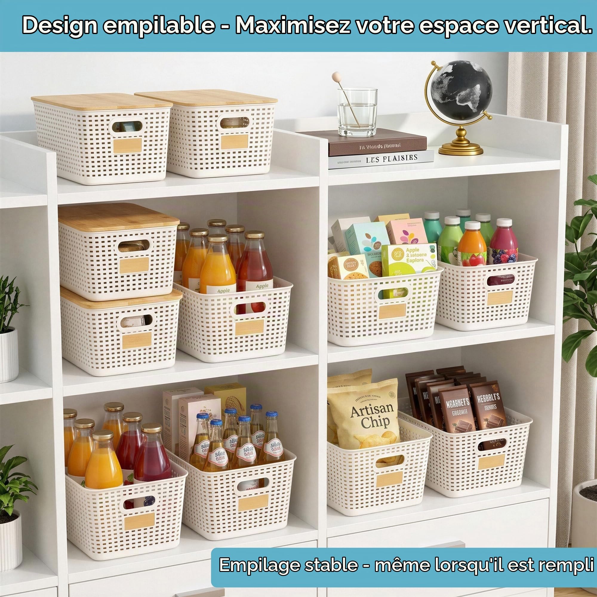 Bagnizer Bacs de Rangement Hauts en Plastique avec Couvercles en Bambou