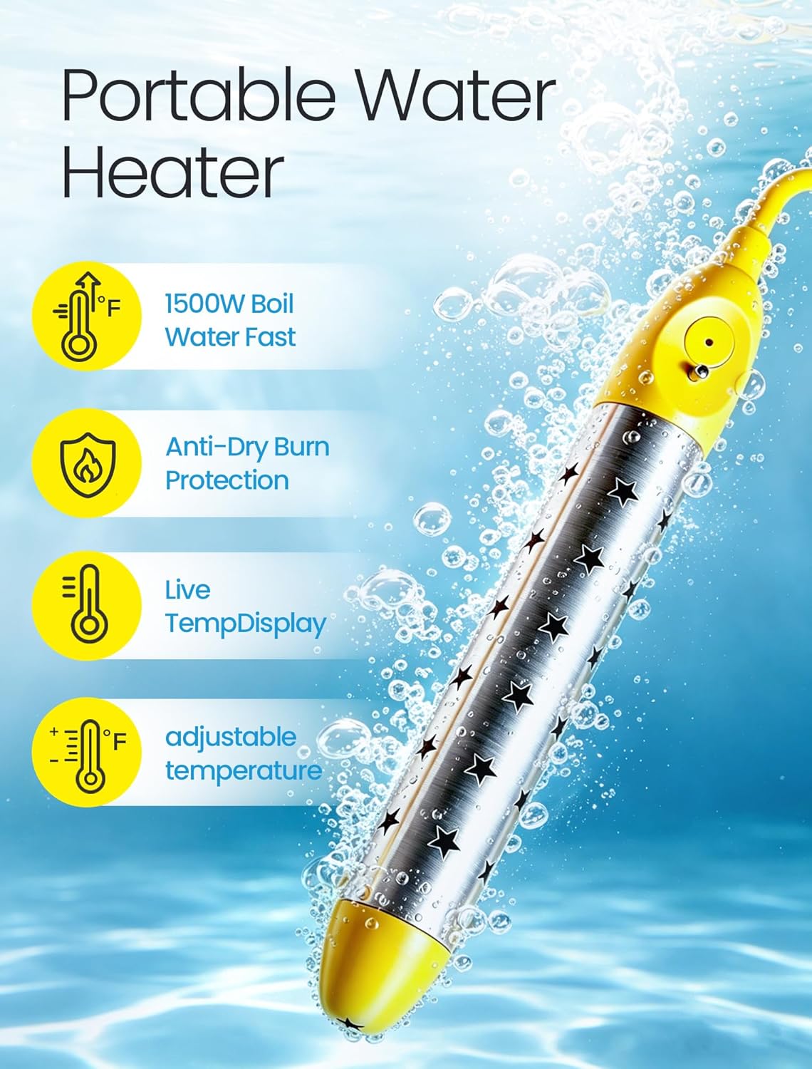 Portable Immersion Water Heater Electric - 1500W Fast Heating Bucket Heater, Temp Display, Anti-Dry Burn Protection, for Bathtub, Camping, Home& Emergency Use