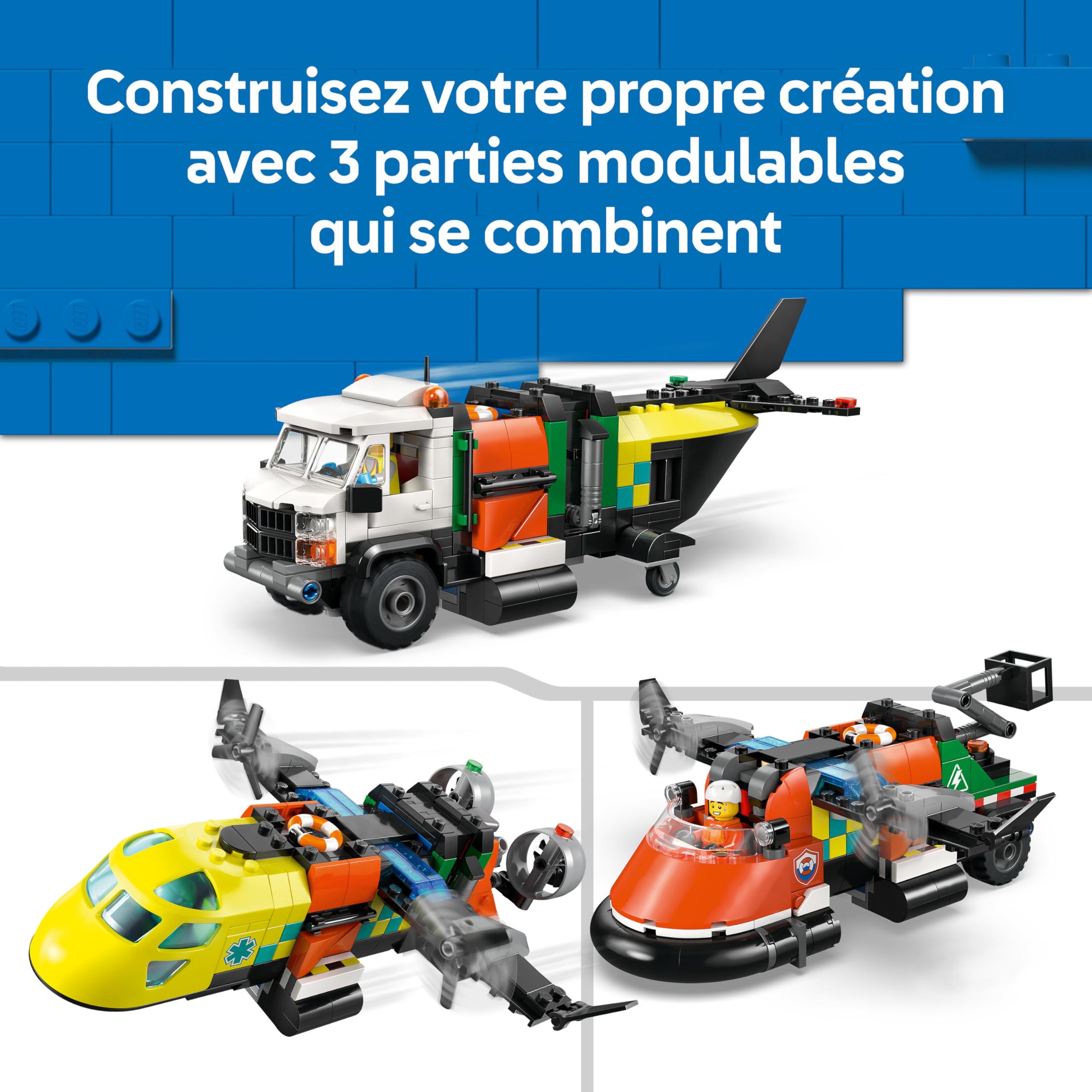 LEGO City 3-en-1 Avion, Camion d’Assistance et Aéroglisseur Modulable - Jeu de Construction - Maquettes de Véhicules de Secours à Combiner - 3 Minifigurines - Idée Cadeau STEM pour Garçon 7 Ans 60505
