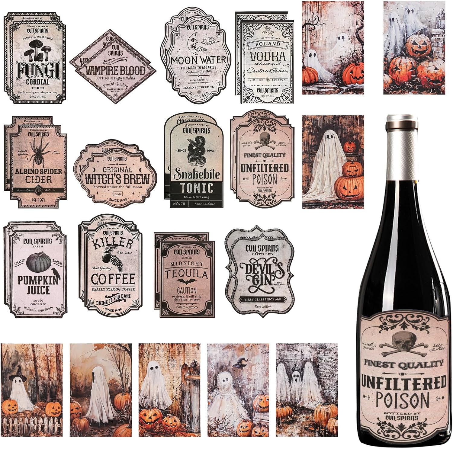32pcs Halloween Wine Bottle Stickers, Retro Halloween Bottle Labels Pumpkin Ghost Halloween Beer Bottle Labels Sticker Halloween Drink Labels Potion Bottles Halloween Decor