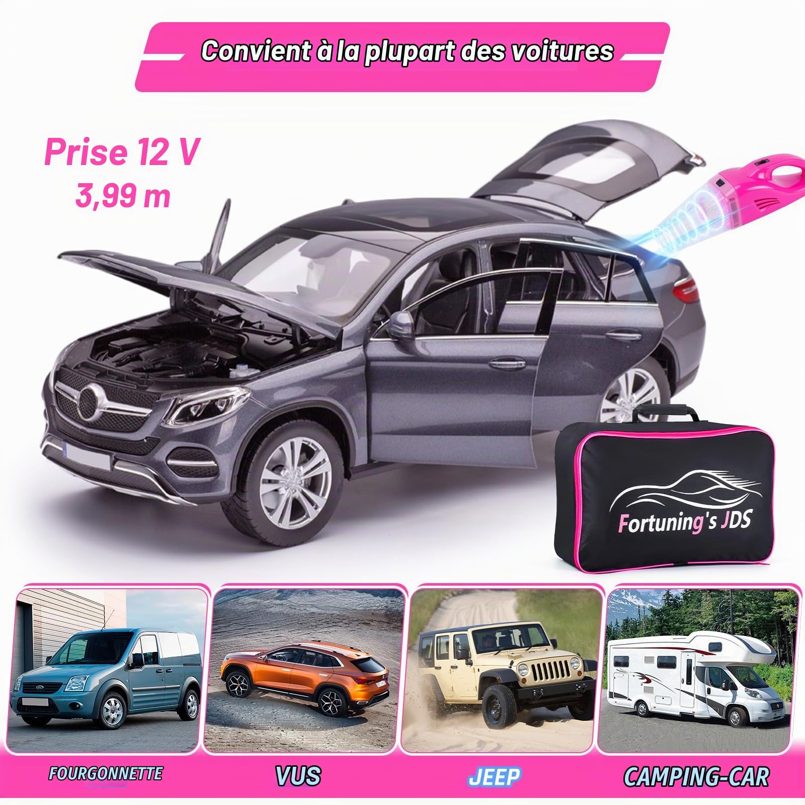 Kit de nettoyage d'intérieur de voiture 47 pièces avec aspirateur de voiture haute puissance, kit de lavage de voiture avec seau et brosse de détail, accessoires de voiture roses pour femme