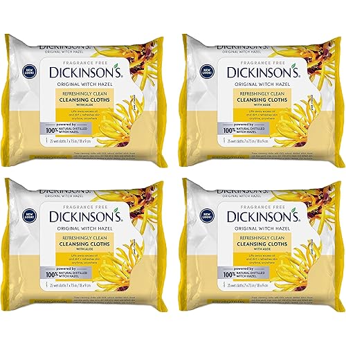 Dickinson's Original Witch Hazel Refreshingly Clean Cleansing Cloths with Aloe, 4 Pack, 25 Cloths per Pack