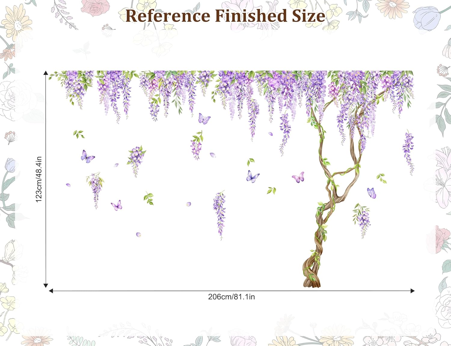 Hanging Wisterial Floral Wall Decals, Purple Vine Branch Wall Stickers Vinyl Peel and Stick Wall Art Sticker for Living Room Bedroom Sofa TV Backdrop Home Decor