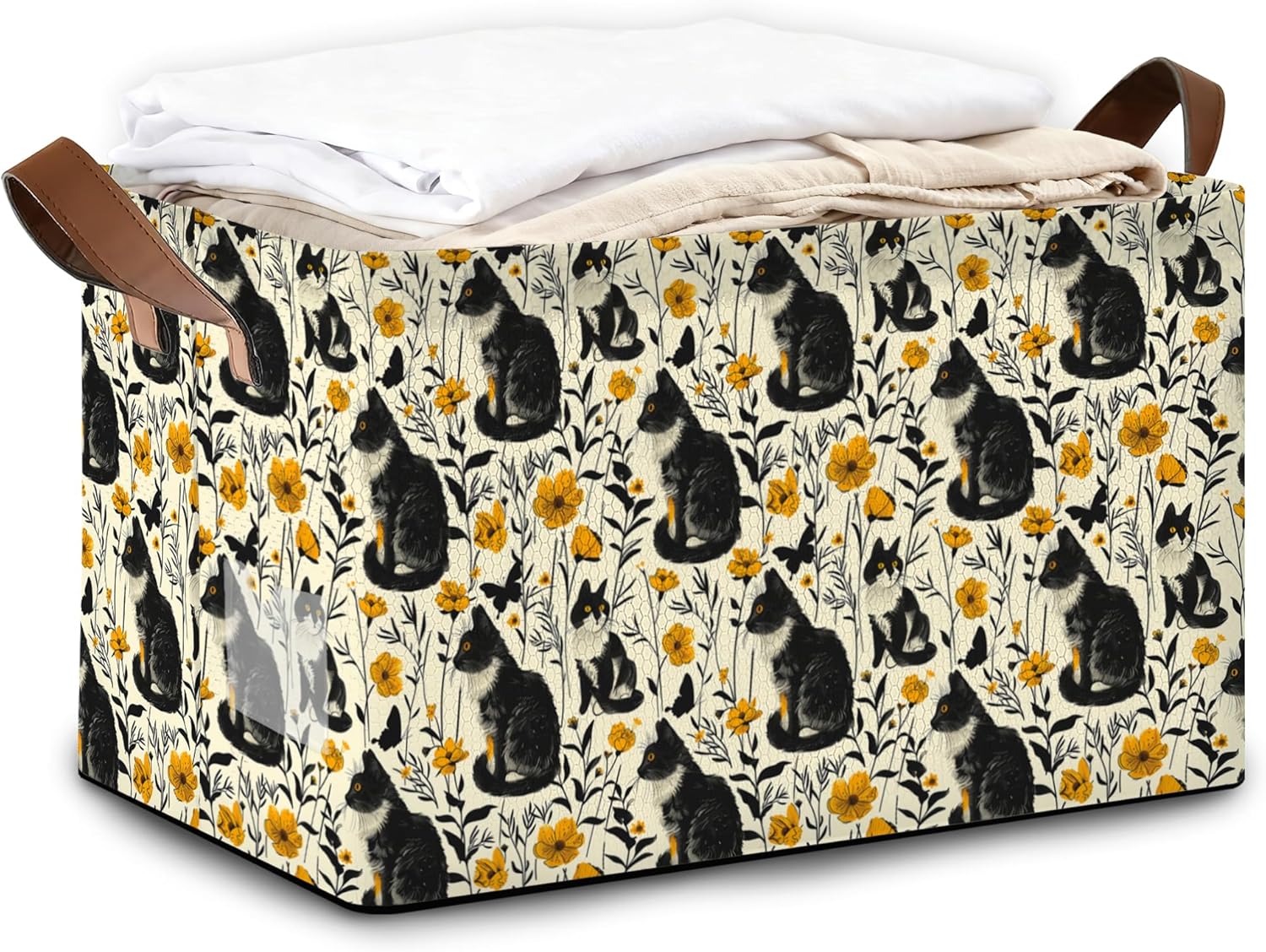 Black Cat Flower Storage Bin with Handles, Basket Storage Organizer for Shelves, Closet, Nursery, Book, Laundry Hamper & Home Decor