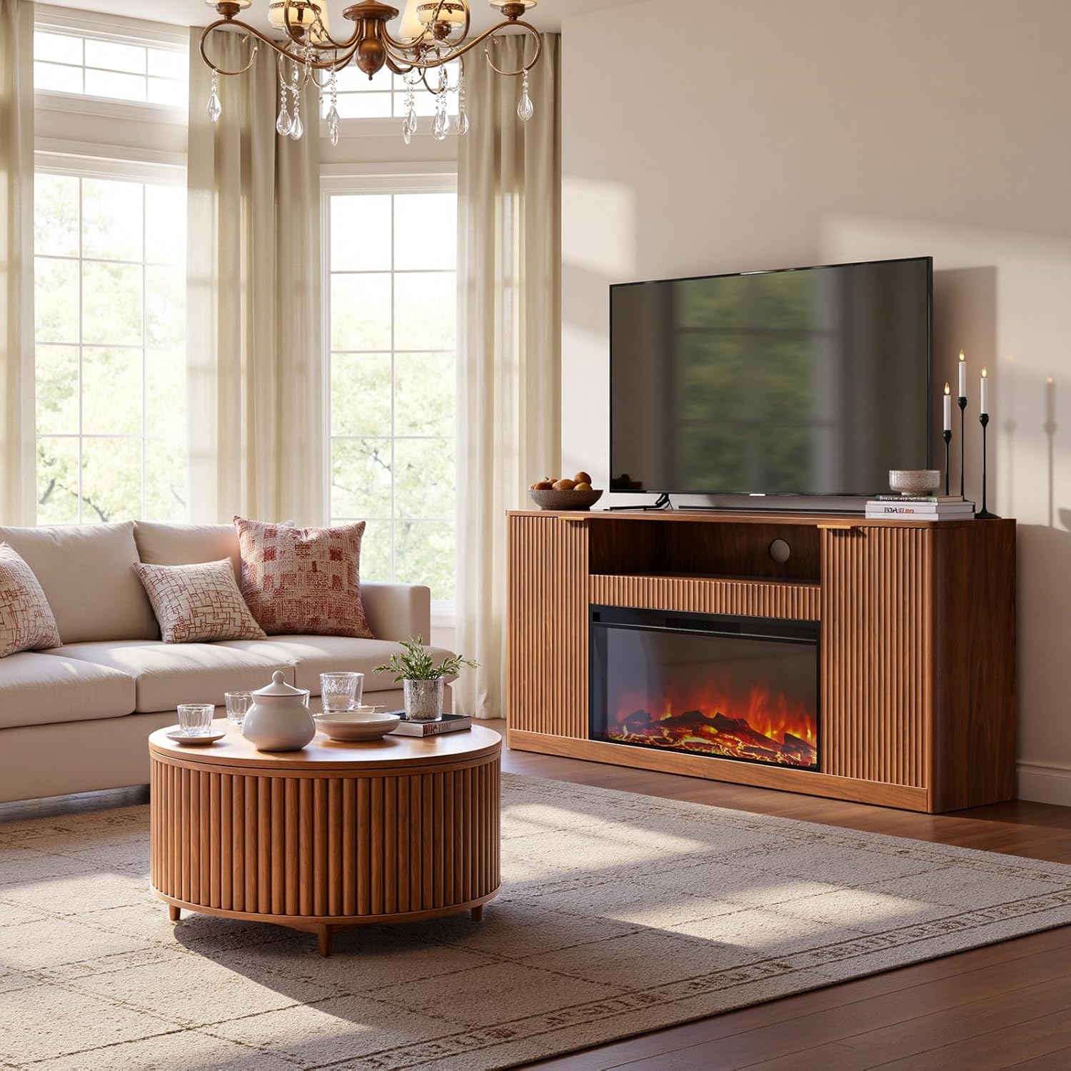 Evermagin 67" Walnut Fluted Fireplace TV Stand for TVs up tp 75", Mid-Century Modern Entertainment Center with Storage Cabinets and Doors, Wood Media TV Consoles for Living Room and Bedroom Furniture Walnut 67" TV Stand with Electric Fireplace