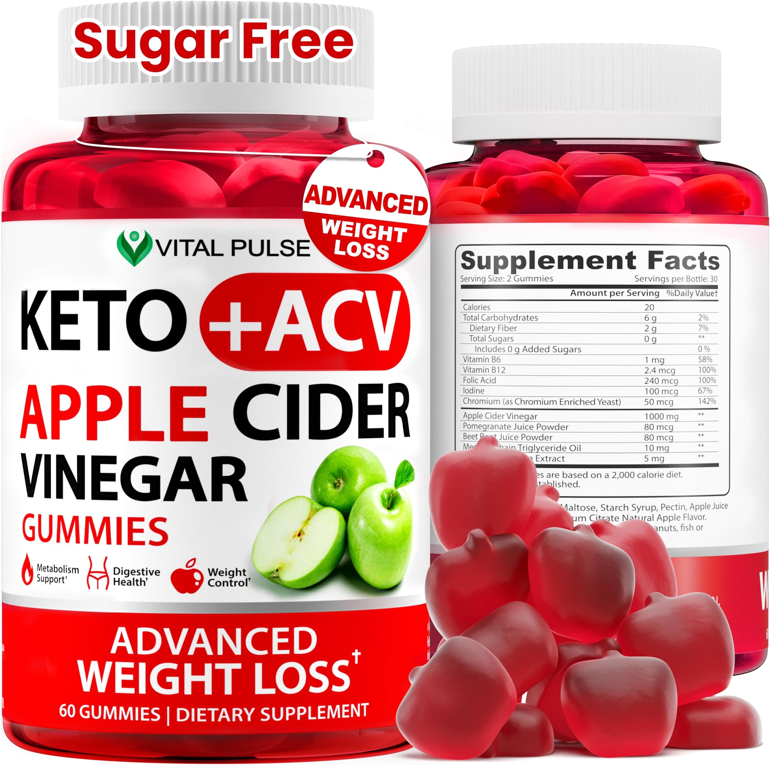 Keto ACV Gummies Advanced Weight Loss - Sugar Free ACV Keto Gummies - Gummy Supplement for Women and Men - Detox - Apple Cider Vinegar - Apple Flavor
