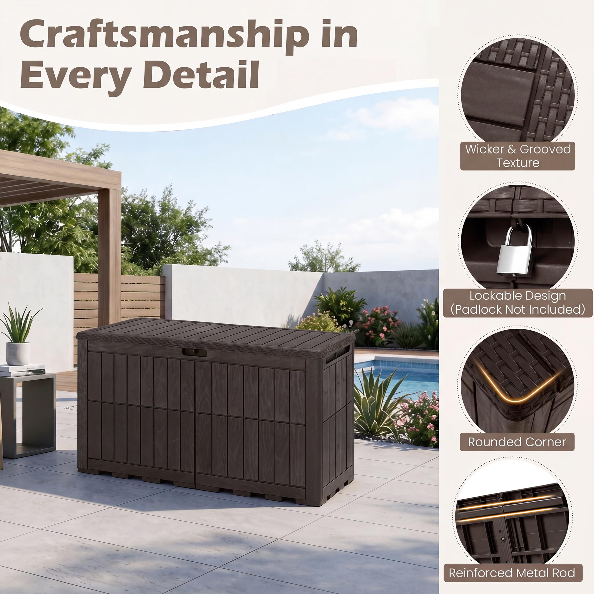 RELAX4LIFE Gartenbox wetterfest, 440 L Auflagenbox mit abschließbarem Deckel, Aufbewahrungsbox mit Stauraum, Kissenbox Outdoor wasserdicht, Auflagentruhe für Garten Balkon Terrasse, bis 245 kg, Braun