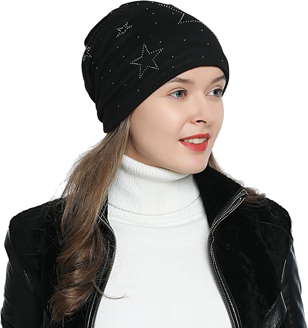 DonDon Damska czapka zimowa slouch beanie z podszewką i wzorem w gwiazdy