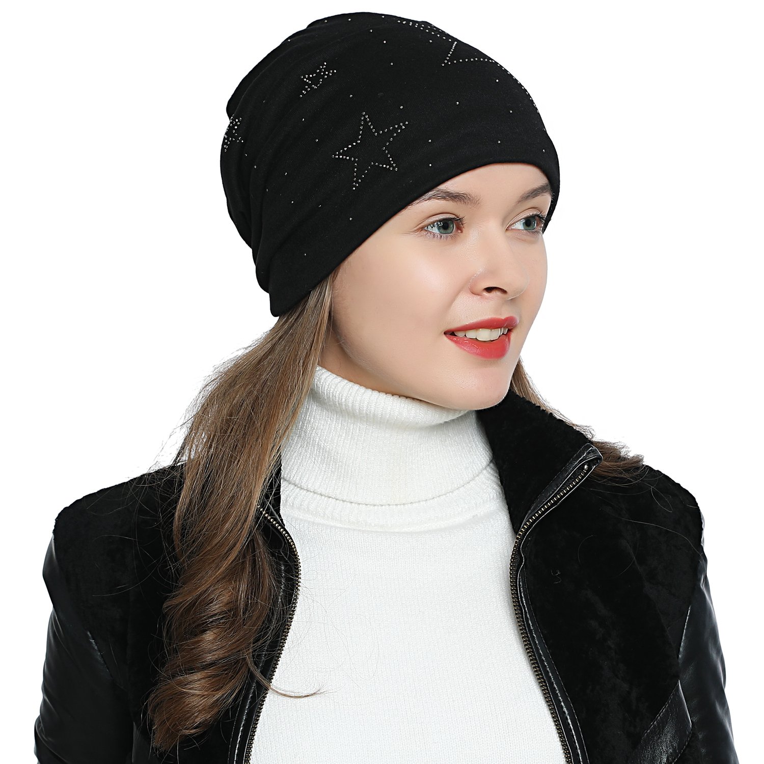 DonDon Mütze Damen Wintermütze Slouch Beanie gefüttert mit Stern Print