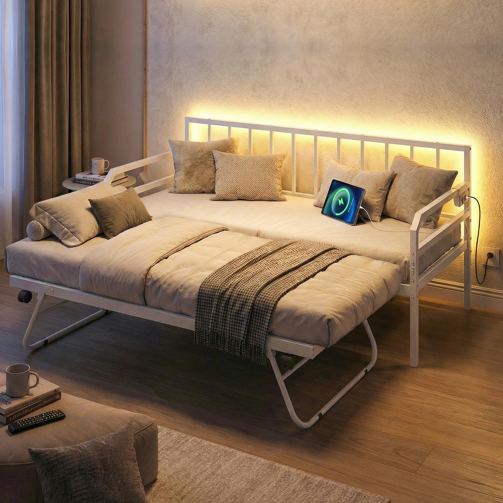 COSTWAY Canapé Lit Gigogne 90 x200 /180 x 200 cm avec Éclairage LED (Blanc)