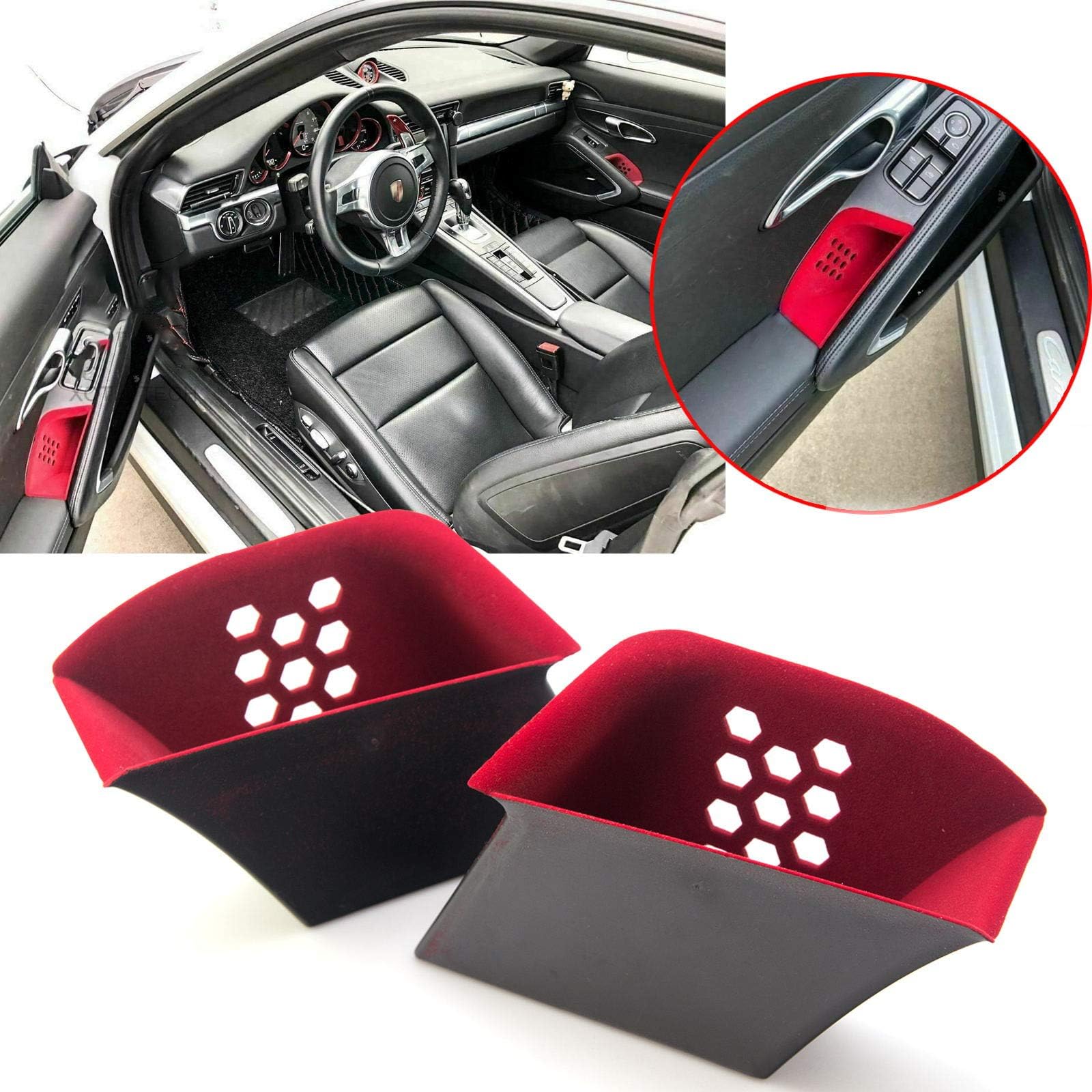 Xotic Tech Door Armrest Storage Box Organizer Compatible with Porsche 911 2013-2019 & Boxster Cayman 2014-2018 Inner Front Side Pallets Container Cover Kit Handle Pocket Phone Container (Red) -2pcs