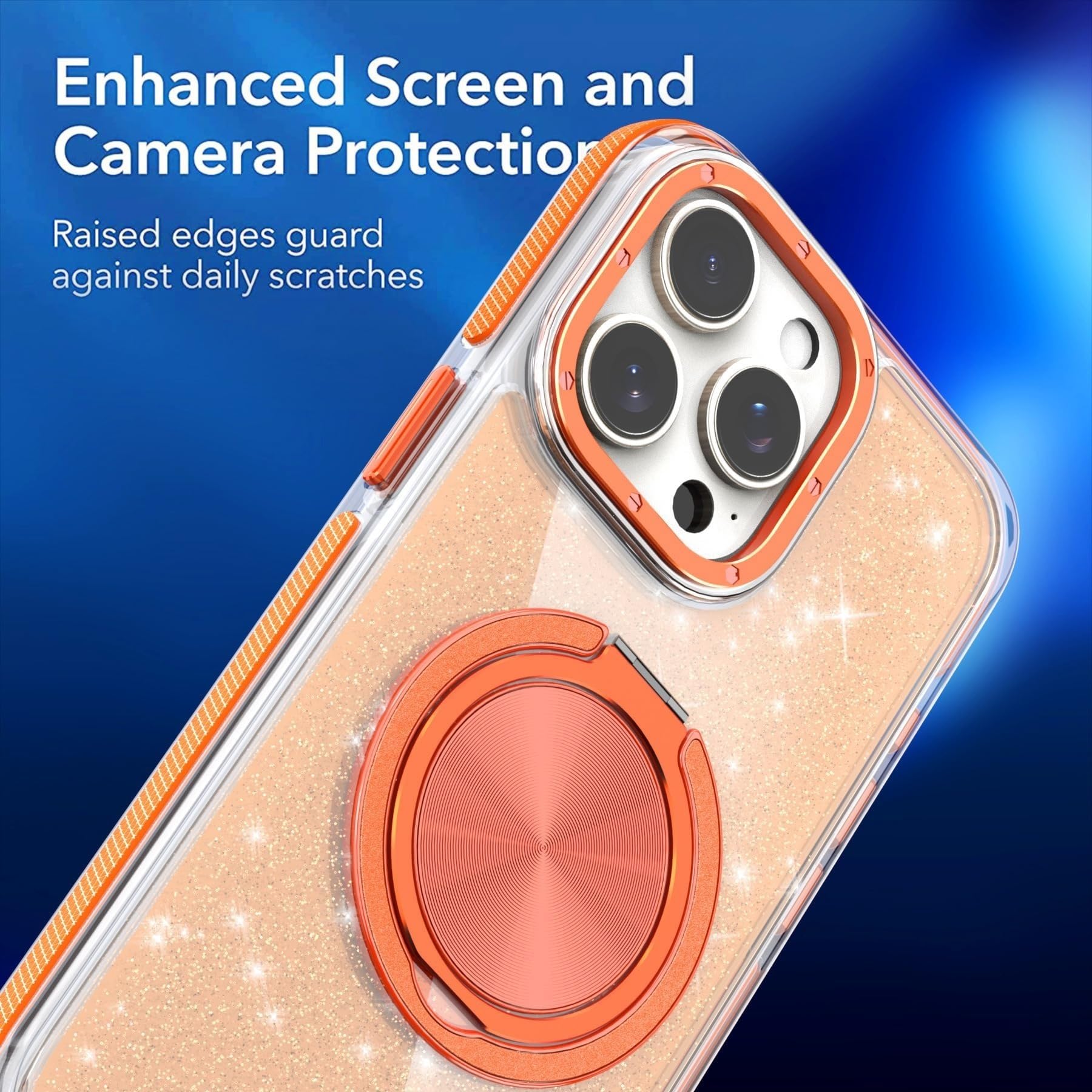 Trasparente Sottile Custodia per iPhone 16 PRO Max/16 Pro/16, Posteriore Magnetica Glitterata Cover con Supporto Rotante Custodia Protettiva for Ricarica Wireless Custodia(Orange,16)