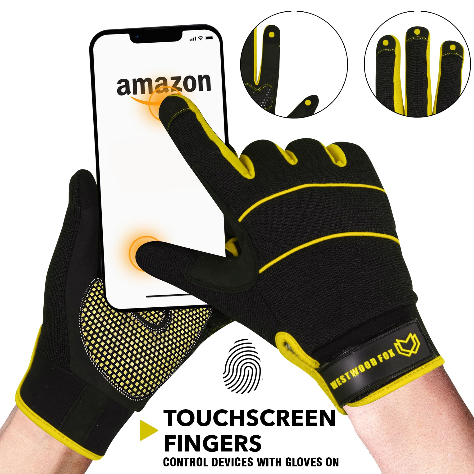 WESTWOOD FOX Mens Working Gloves Utility Workman Mechanic Gloves Touch Screen Anti slip Palm Padded Knuckles Safety Work Gloves Rigger Mechanic (Yellow, M) - Image 3